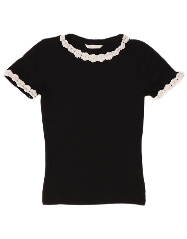 Damska koszulka Crop Top Zara UK 8, mała, czarna, z bawełny w kwiaty
