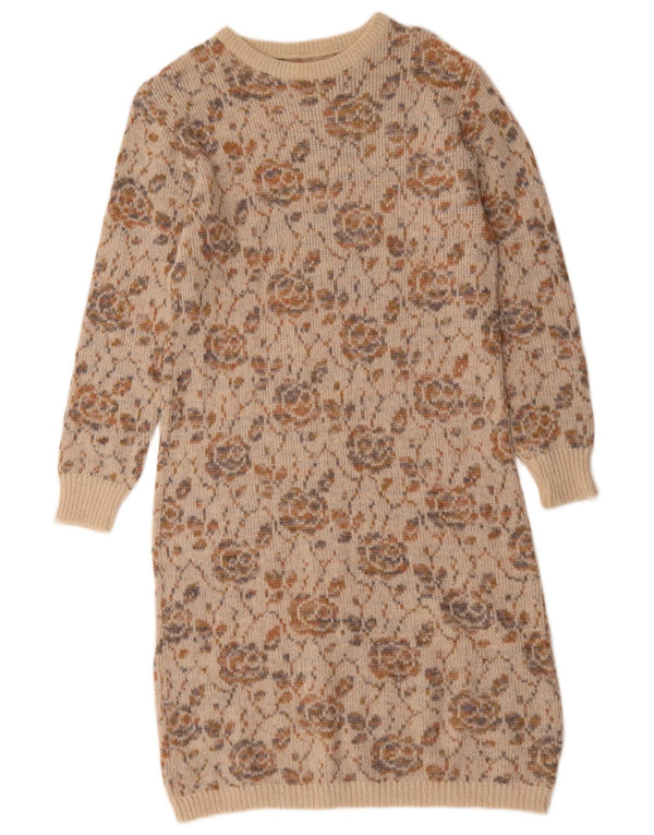 Damska sukienka sweterkowa w stylu vintage UK 12 w kolorze średniego beżu w kwiaty