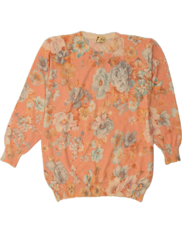 Sweter damski VINTAGE z okrągłym dekoltem UK 18 XL, różowa, wełniana w kwiaty