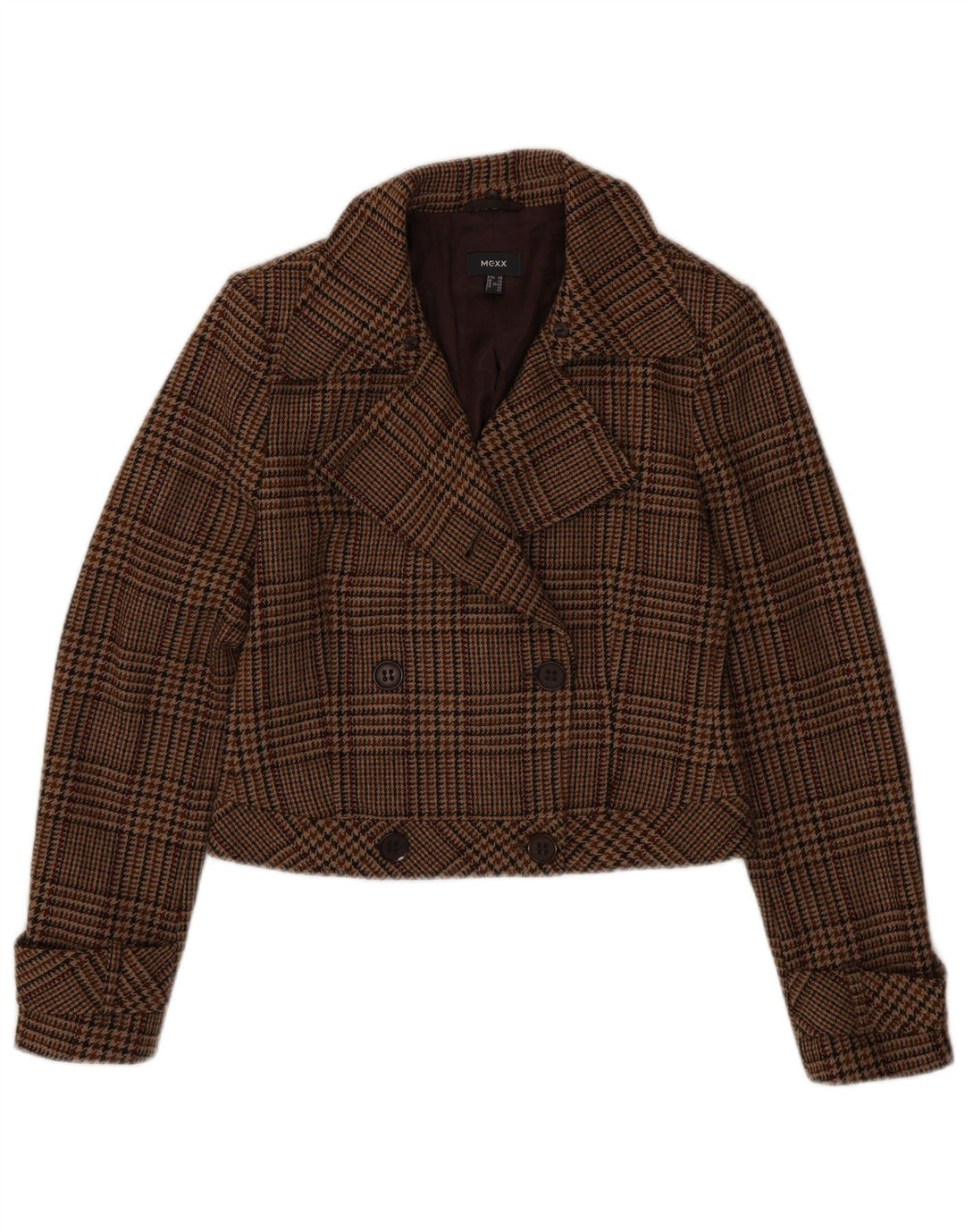 Mexx Damski płaszcz Crop Pea UK 14, duża, brązowa, dziewicza wełna w pepitkę