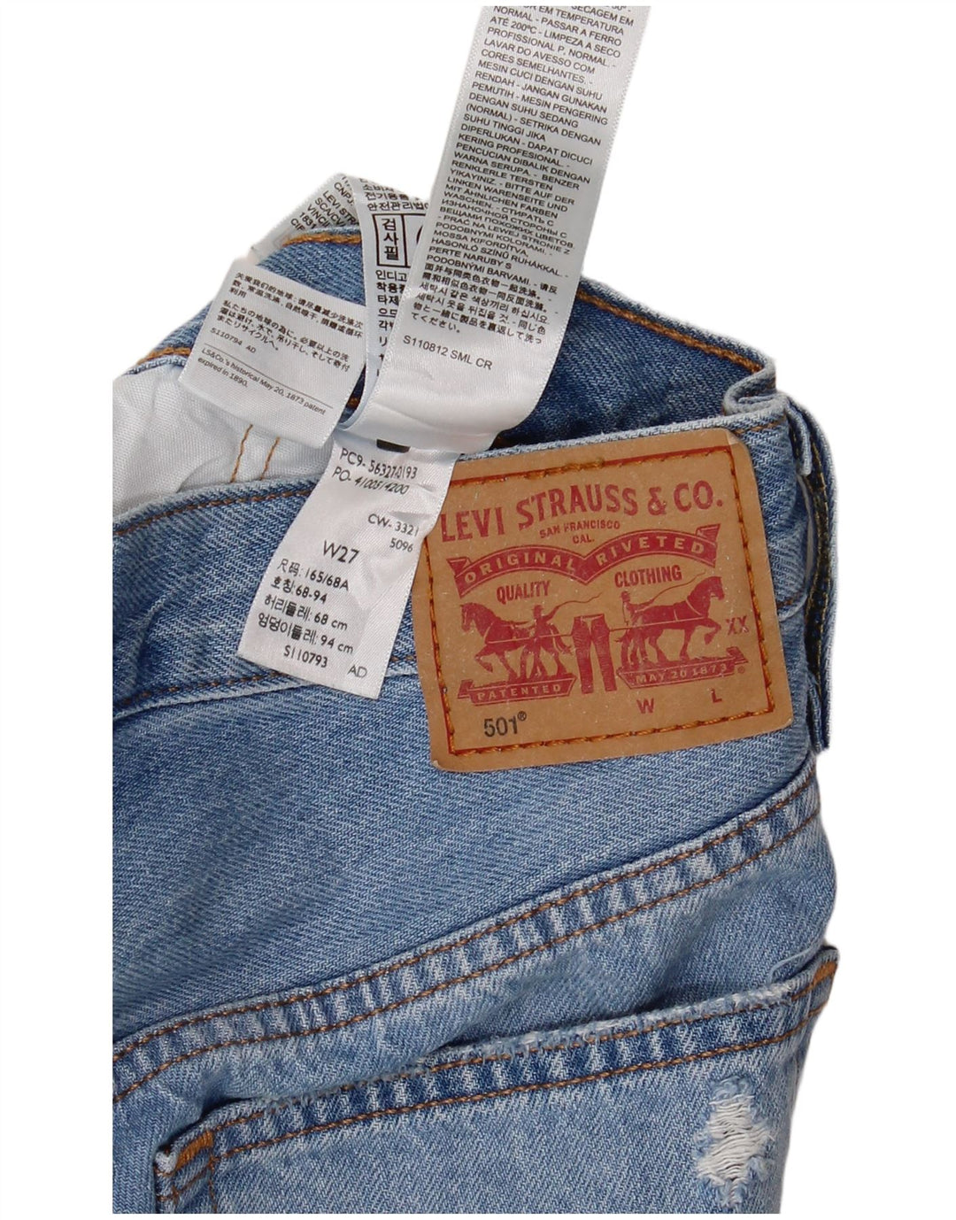 Damskie spodenki jeansowe LEVI'S 501 w trudnej sytuacji W27, małe, niebieskie, bawełniane