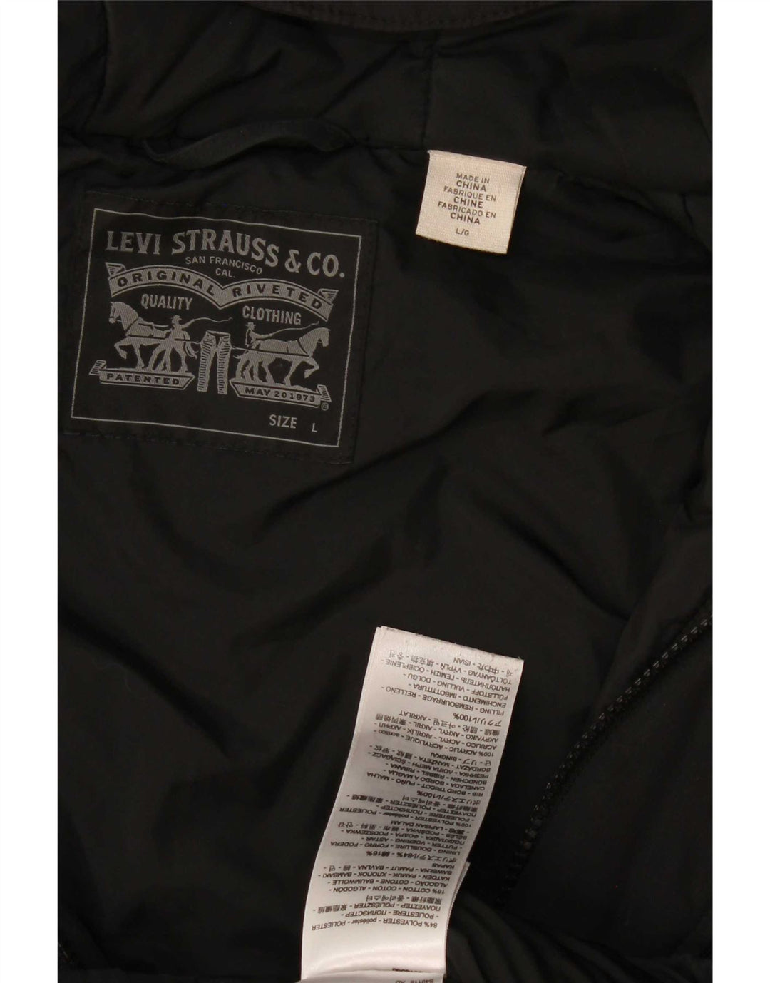 Męska ocieplana kurtka z kapturem i kapturem Levi's UK 40, duża, czarna, poliestrowa