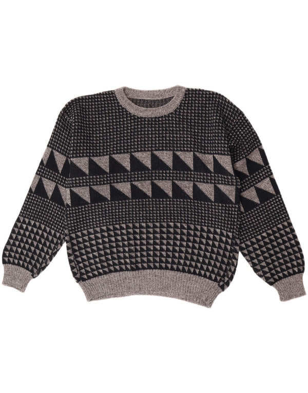 Vintage męski sweter z wycięciem pod szyją, duży, szary, geometryczny