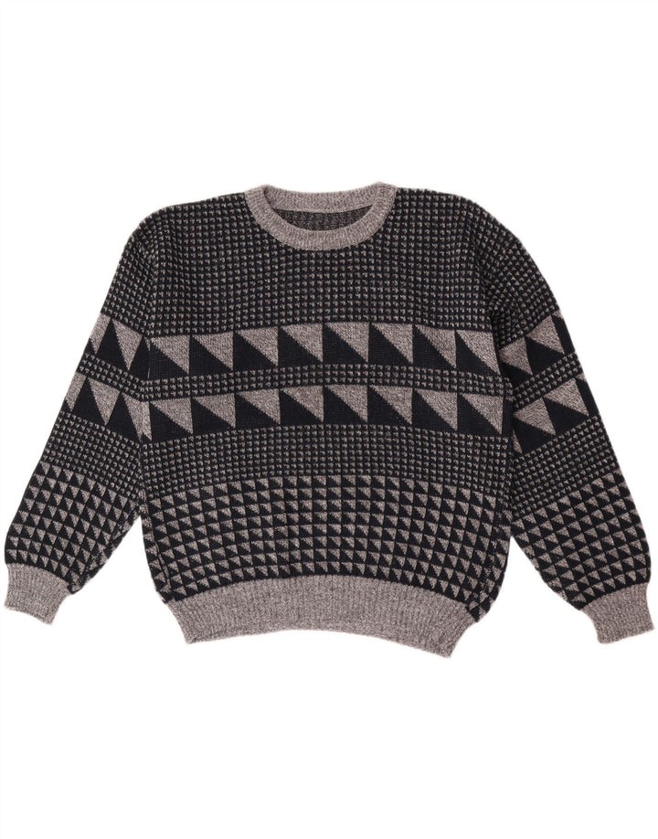 Vintage męski sweter z wycięciem pod szyją, duży, szary, geometryczny