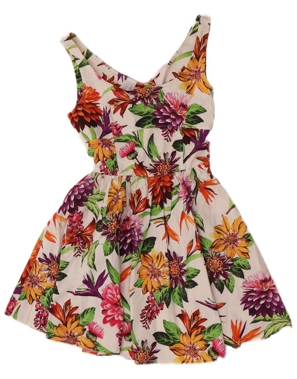 Vintage Womens Sleeveless Swing Dress UK 8 Small White Floral Cotton