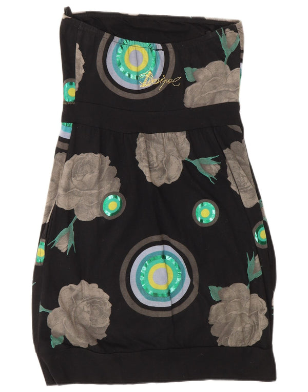 Desigual damska graficzna sukienka bez ramiączek UK 8, mała, czarna, z bawełny w kwiaty