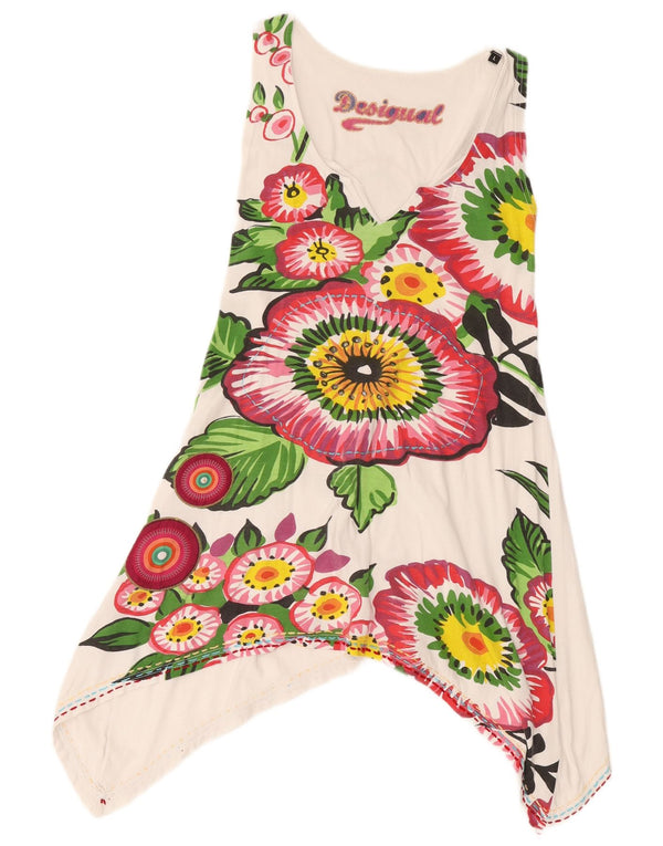 Desigual damski graficzny asymetryczny top tunikowy UK 14, duży, biały w kwiaty