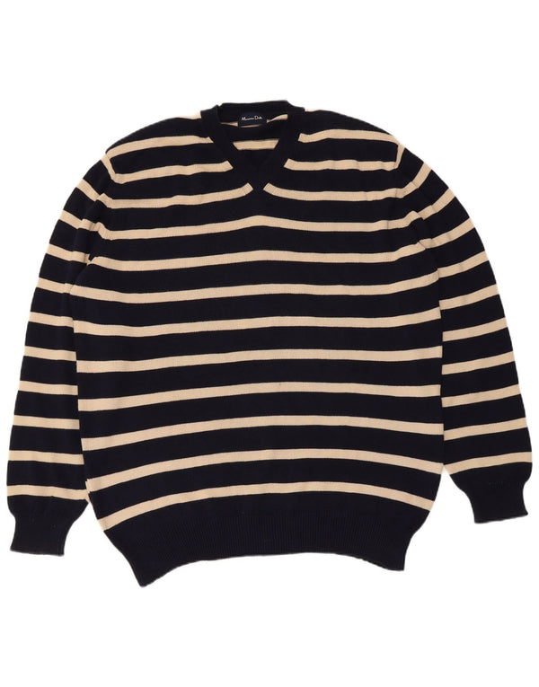 MASSIMO DUTTI Męski sweter z dekoltem w kształcie litery V, bawełniany, granatowy, w paski