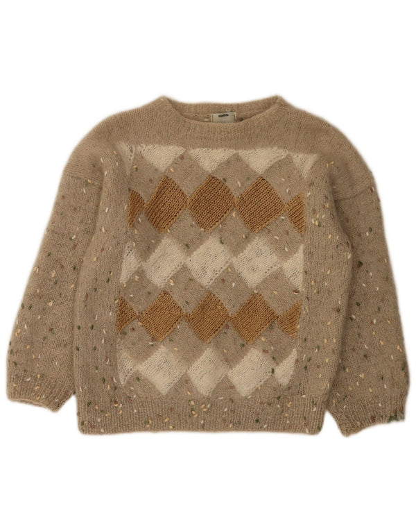 Sweter damski w stylu vintage z dekoltem w łódkę UK 12 Średni beż Argyle/Diament