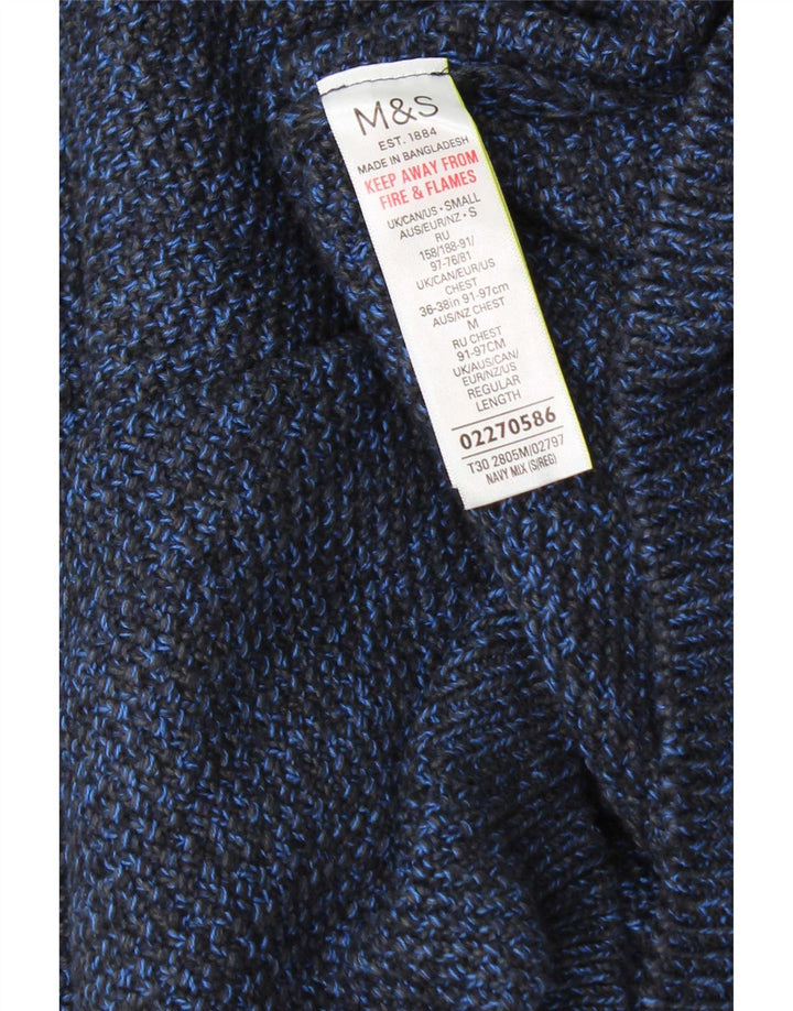 Marks & Spencer Męski sweter z okrągłym dekoltem, mały, niebieski, bawełniany w cętki