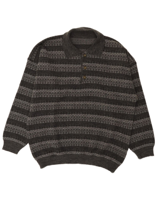 Vintage męski sweter polo z dekoltem w duże szare paski