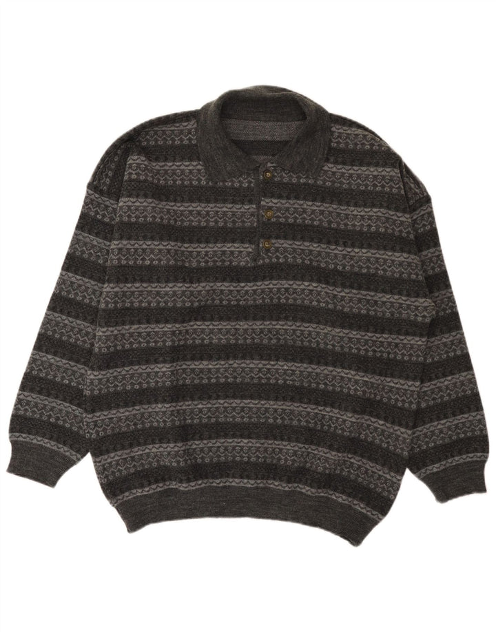 Vintage męski sweter polo z dekoltem w duże szare paski