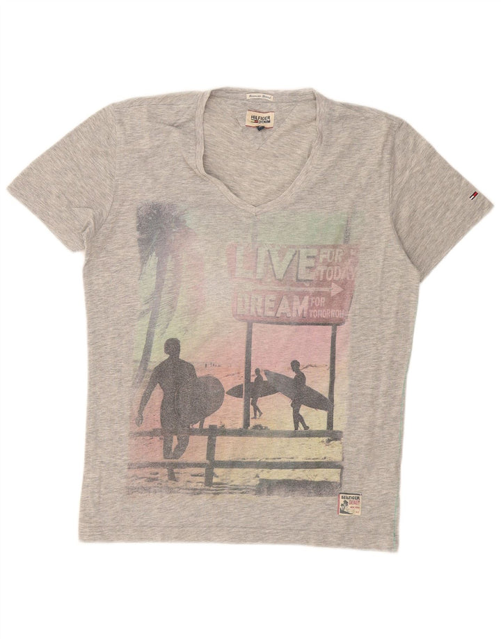 Męski T-shirt z grafiką Tommy Hilfiger, średni szary, nakrapiany poliester