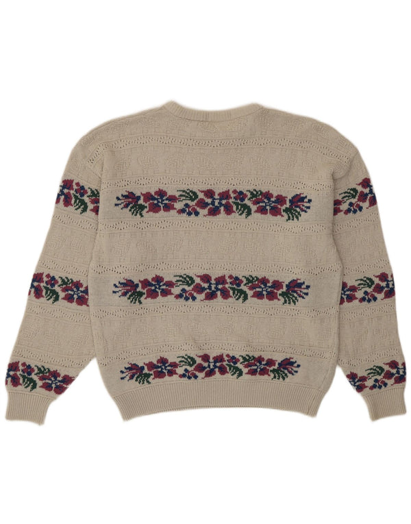 Sweter damski w stylu vintage z okrągłym dekoltem UK 16, duży, beżowy, kwiatowy, akrylowy