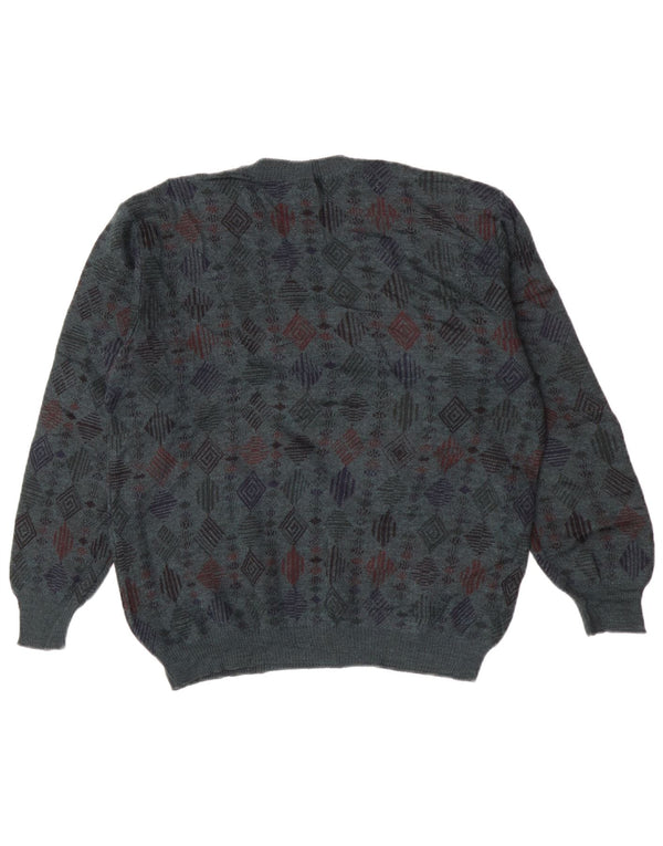 Vintage męski sweter z okrągłym dekoltem, średni niebieski, geometryczny, dziewicza wełna