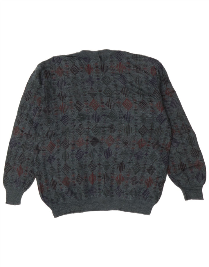 Vintage męski sweter z okrągłym dekoltem, średni niebieski, geometryczny, dziewicza wełna
