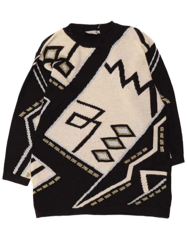 Damska sukienka sweterkowa w stylu vintage UK 16, duża, czarna, geometryczna wełna owcza