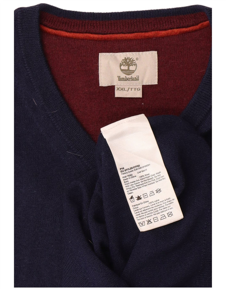 TIMBERLAND Mens V-Neck Jumper Sweater 2XL Navy Blue Wool