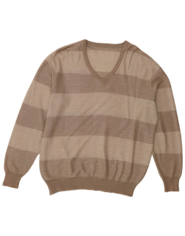 Męski sweter w stylu vintage z dekoltem w szpic IT 56 XL, akryl w brązowe paski