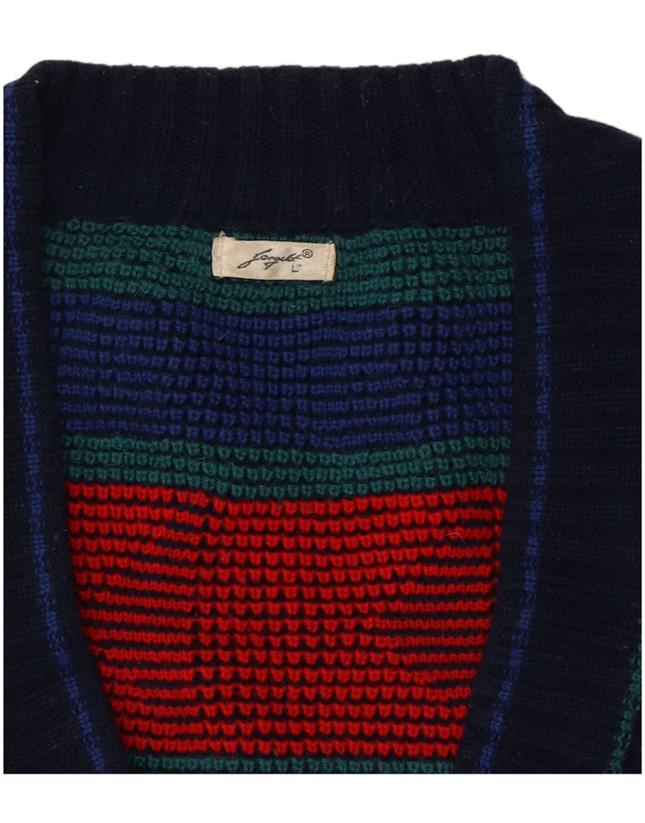 VINTAGE Mens V-Neck Jumper Sweater Large Blue Geometric Acrylic