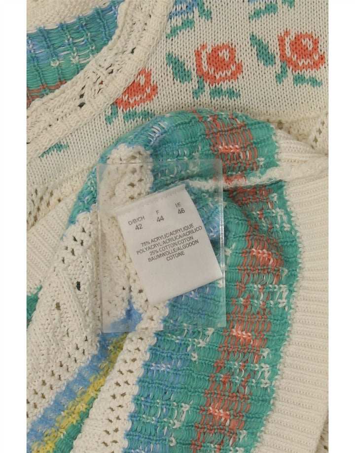 Damski sweter z dekoltem w łódkę w stylu VINTAGE IT 46, duży, biały, kwiatowy, akrylowy