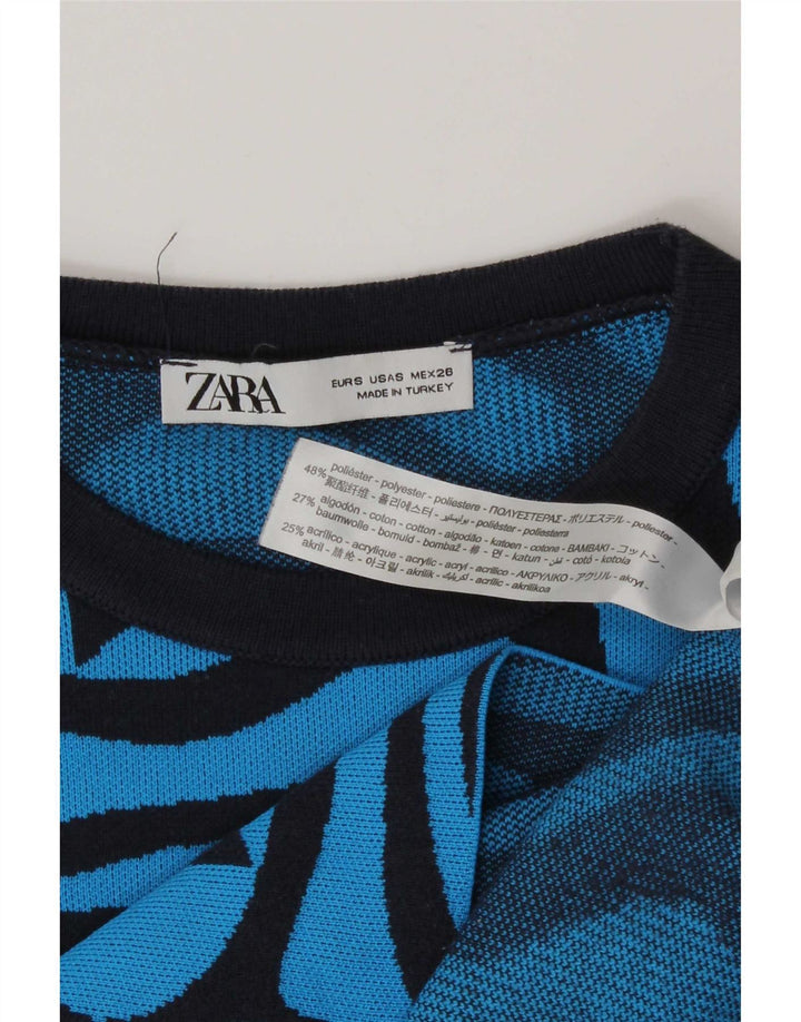 Damski krótki top Zara w abstrakcyjny wzór z długim rękawem, UK 8, mały niebieski poliester