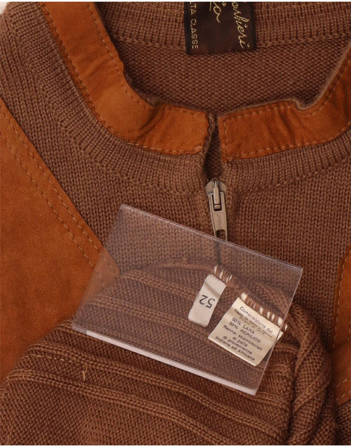 Męski zamszowy sweter rozpinany VINTAGE IT 52, duża brązowa wełna z blokami kolorów
