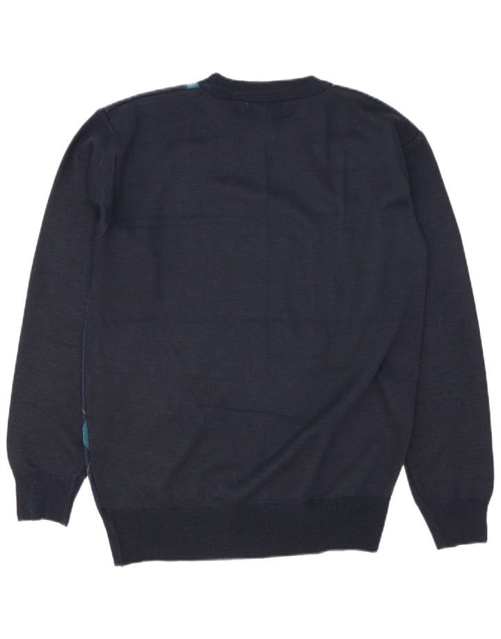 Vintage męski sweter z okrągłym dekoltem, duży granatowy, argyle/diamentowa wełna