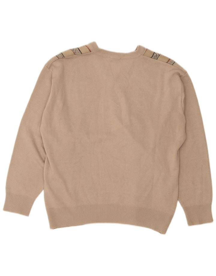 GABICCI Mens V-Neck Jumper Sweater Large Beige Geometric Wool
