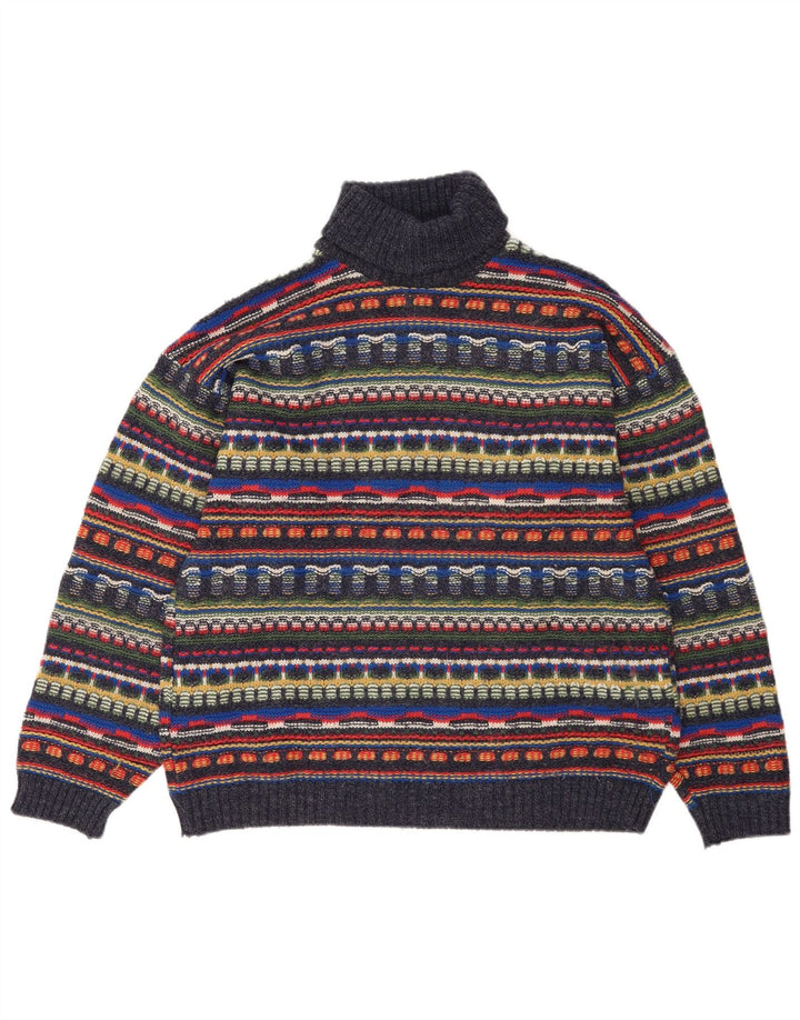 Vintage męski sweter z golfem, duży, wielobarwny, wełniany Fair Isle