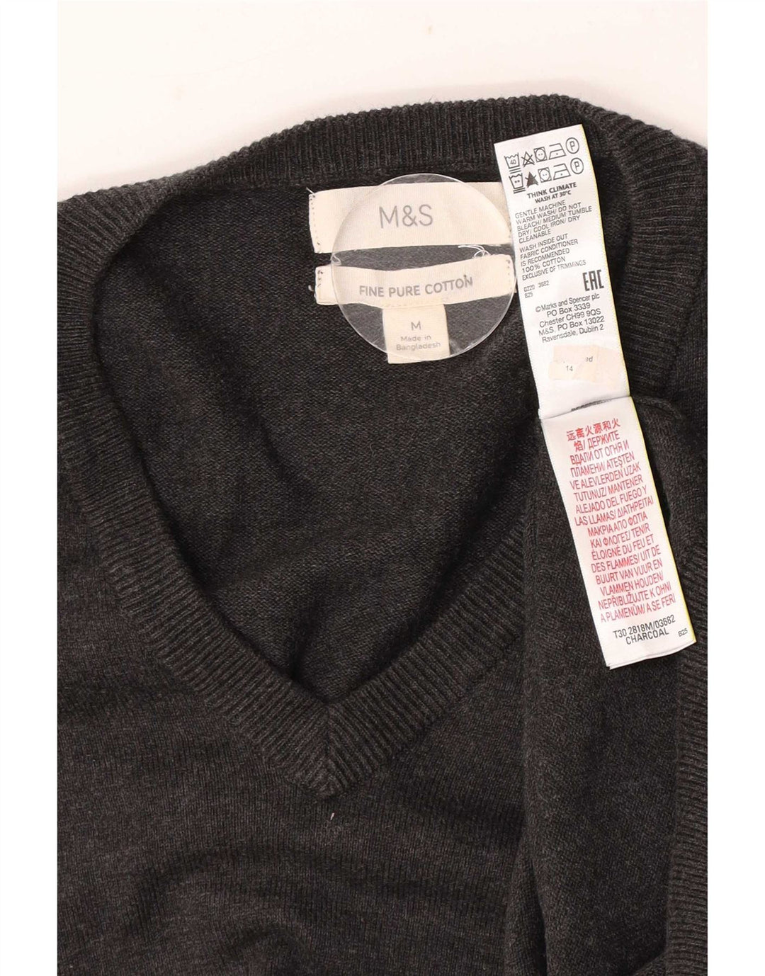 Marks & Spencer Męski sweter z dekoltem w kształcie litery V, średnioszary, bawełniany
