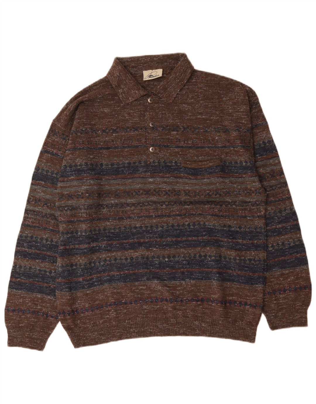 Męski sweter Rodes z kołnierzem polo, duży, brązowy, wełniany w paski
