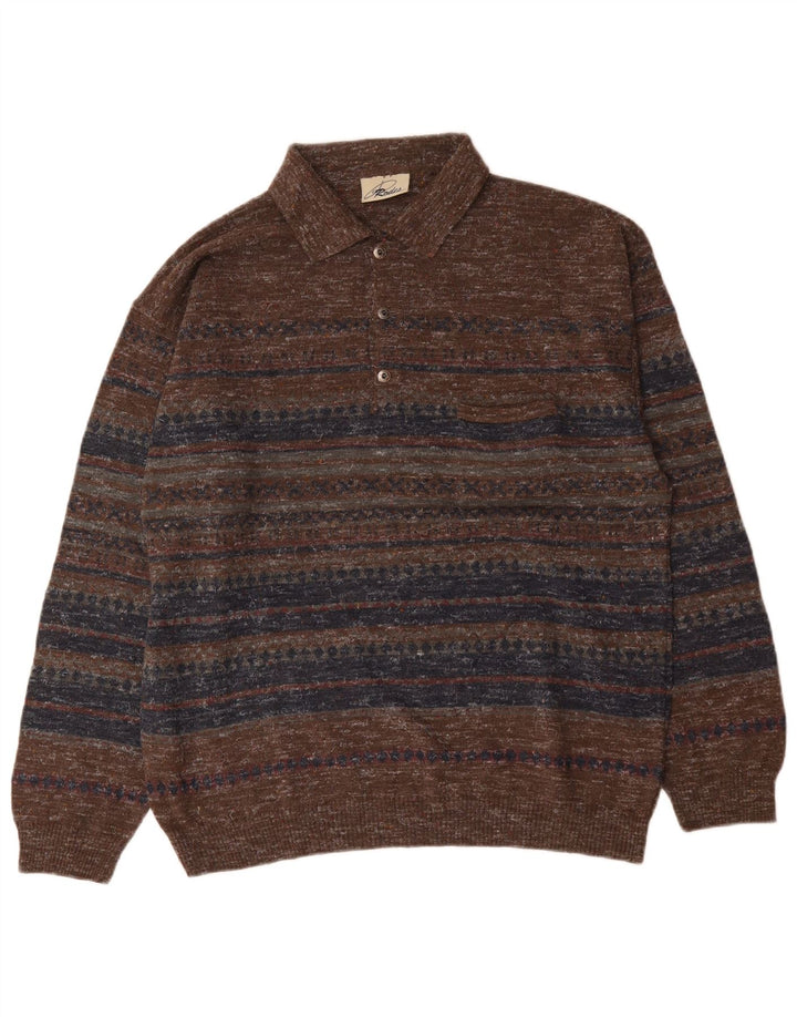 Męski sweter Rodes z kołnierzem polo, duży, brązowy, wełniany w paski