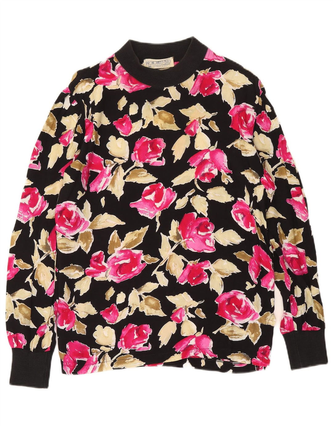Top damski w stylu vintage z długim rękawem UK 14 Średni czarny kwiatowy wiskoza
