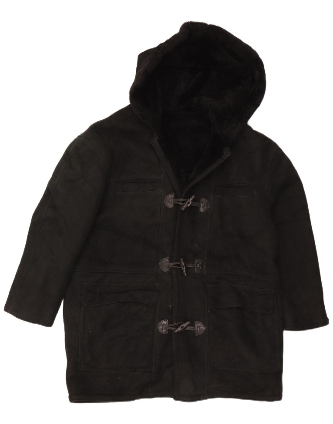 Vintage damski płaszcz z kapturem, oversize, w stylu shearling UK 16, duży czarny