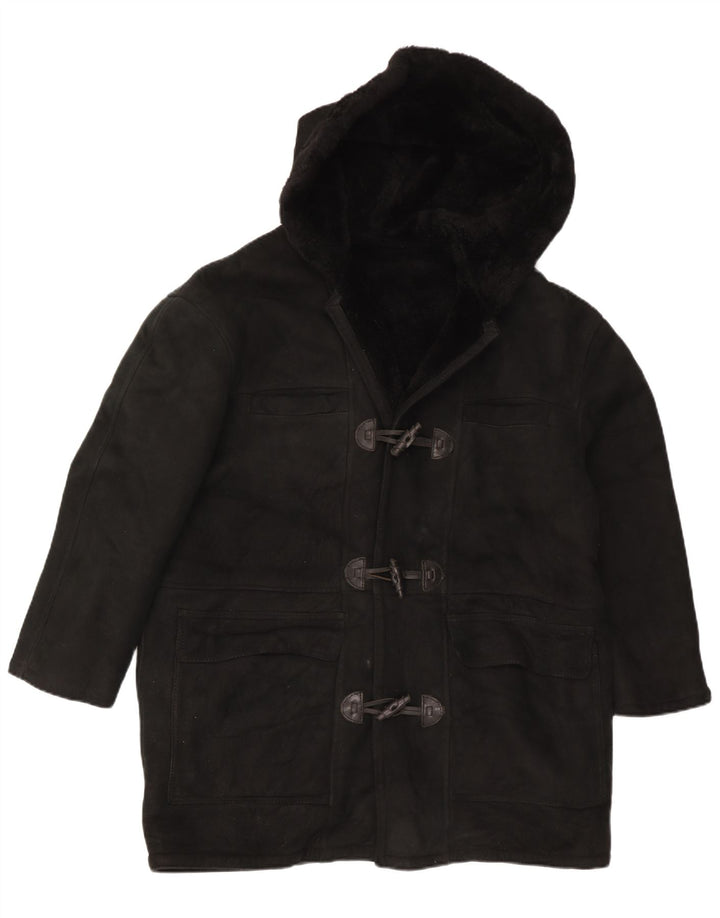 Vintage damski płaszcz z kapturem, oversize, w stylu shearling UK 16, duży czarny