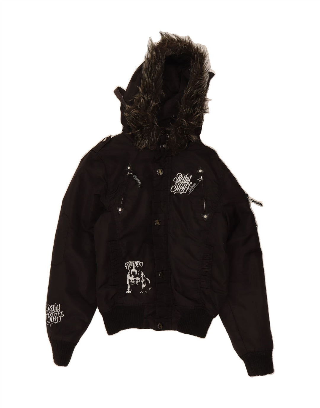 Damska kurtka bomber z kapturem w stylu vintage, UK 14, średni czarny nylon