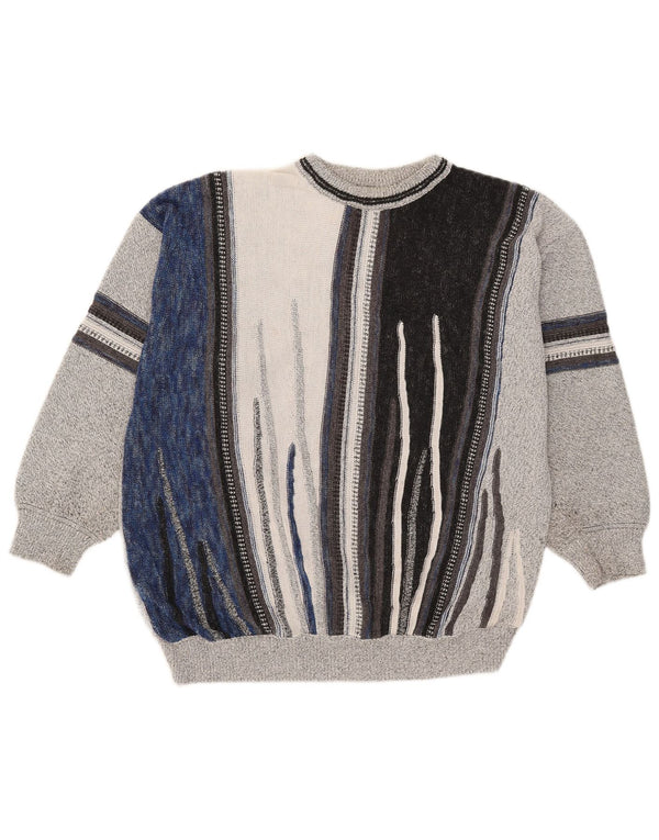 Vintage męski sweter z wycięciem pod szyją, duży, szary, bawełniany w paski
