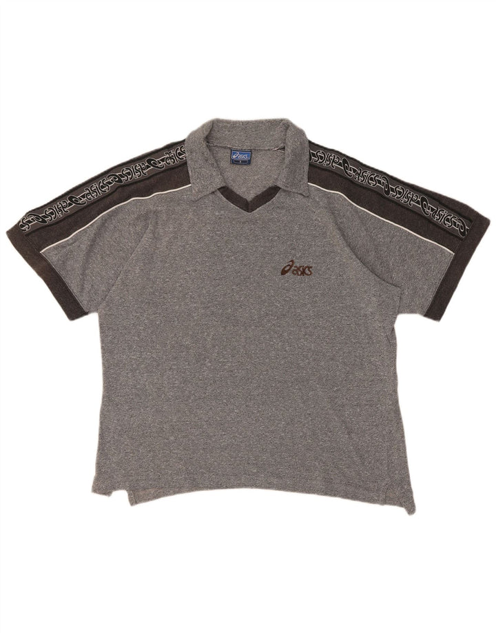 Męska koszulka polo Asics z grafiką, mała, szara, z blokami kolorów