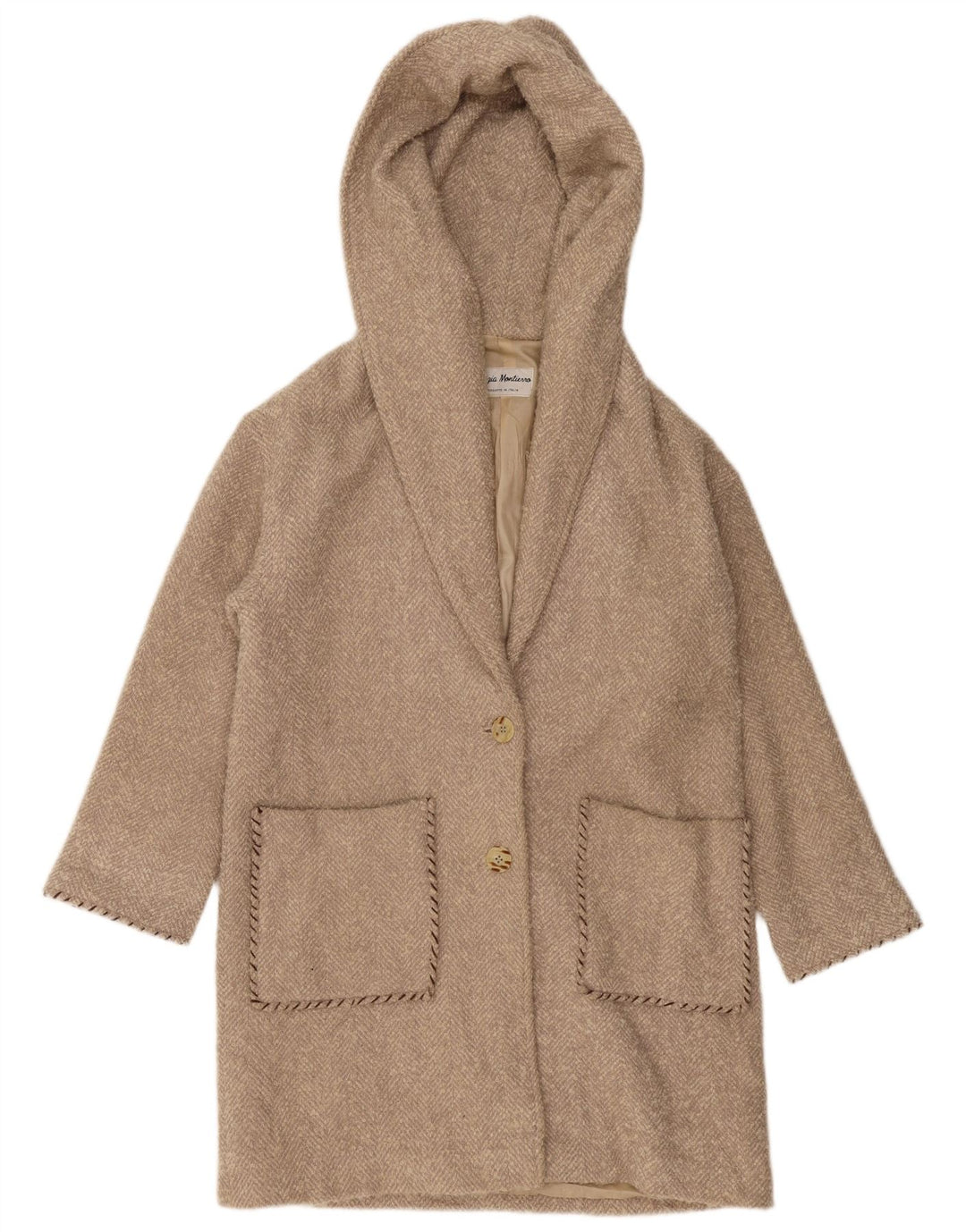 Damski płaszcz oversize z kapturem VINTAGE UK 10 Small Beżowy w jodełkę