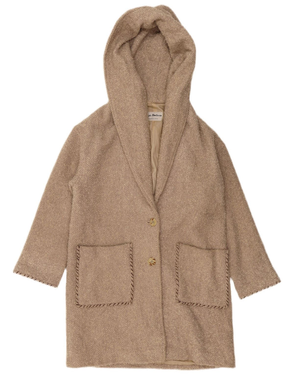 Damski płaszcz oversize z kapturem VINTAGE UK 10 Small Beżowy w jodełkę