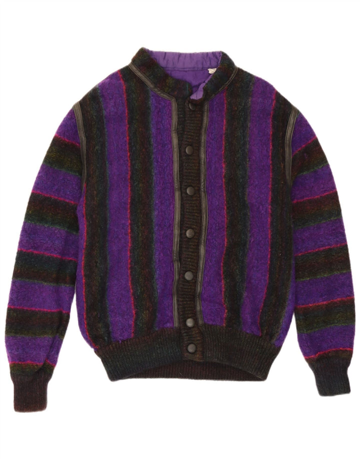 Vintage męski sweter rozpinany IT 50 wełniany w średnie fioletowe paski