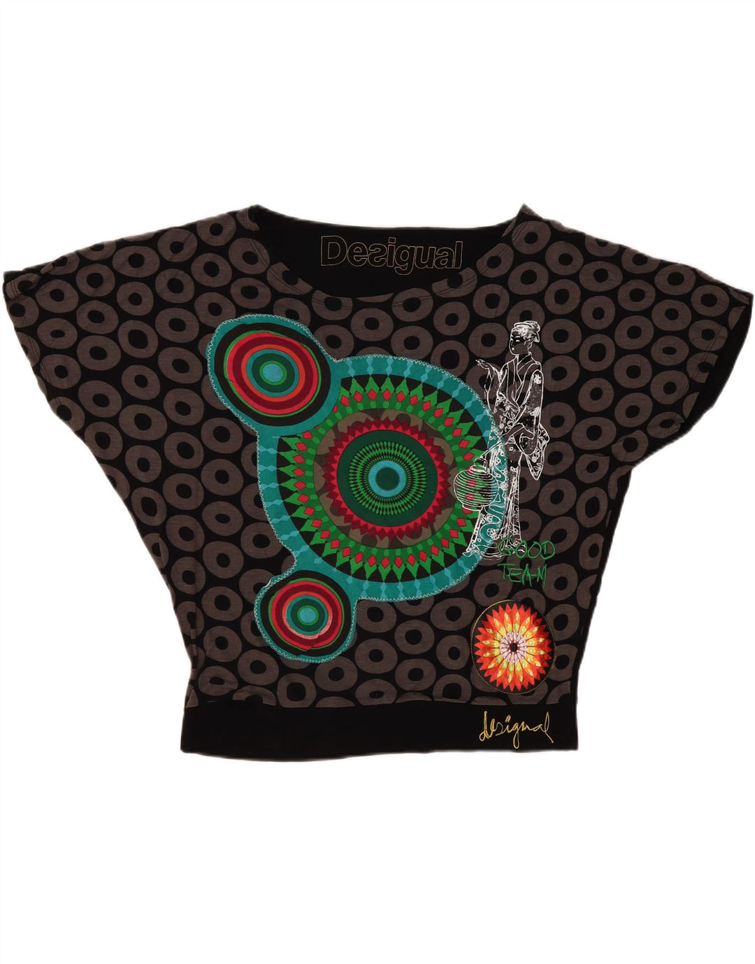 Damska bluzka oversize z grafiką Desigual Top UK 16, duża, czarna, geometryczna