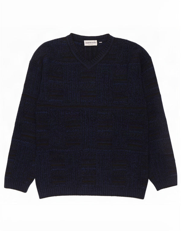 Enara Maglie Męski sweter z dekoltem w kształcie litery V, duży, granatowy, akrylowy w kratkę
