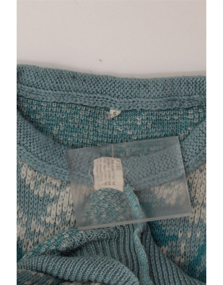 Vintage damski sweter z abstrakcyjnym wzorem i okrągłym dekoltem UK 16, duży niebieski