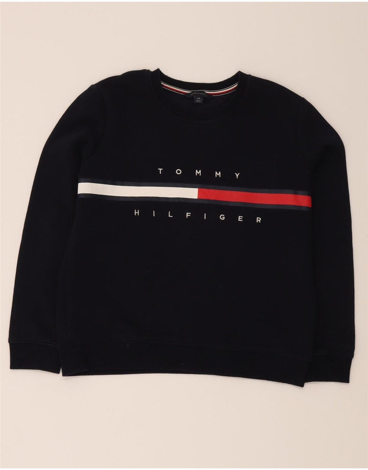 TOMMY HILFIGER Womens Oversized Sweatshirt Jumper UK 10 Small Navy Blue Vintage Tommy Hilfiger and Second-Hand Tommy Hilfiger from Messina Hembry 