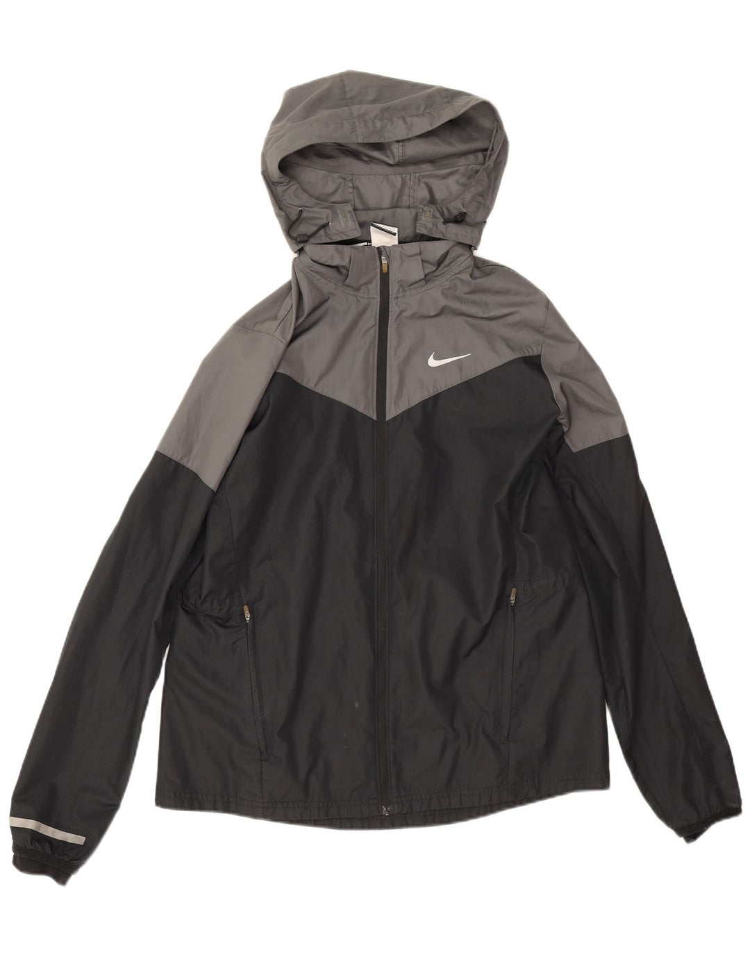 Damska kurtka przeciwdeszczowa z kapturem Nike UK 16, duża, szara, z blokami kolorów, poliestrowa