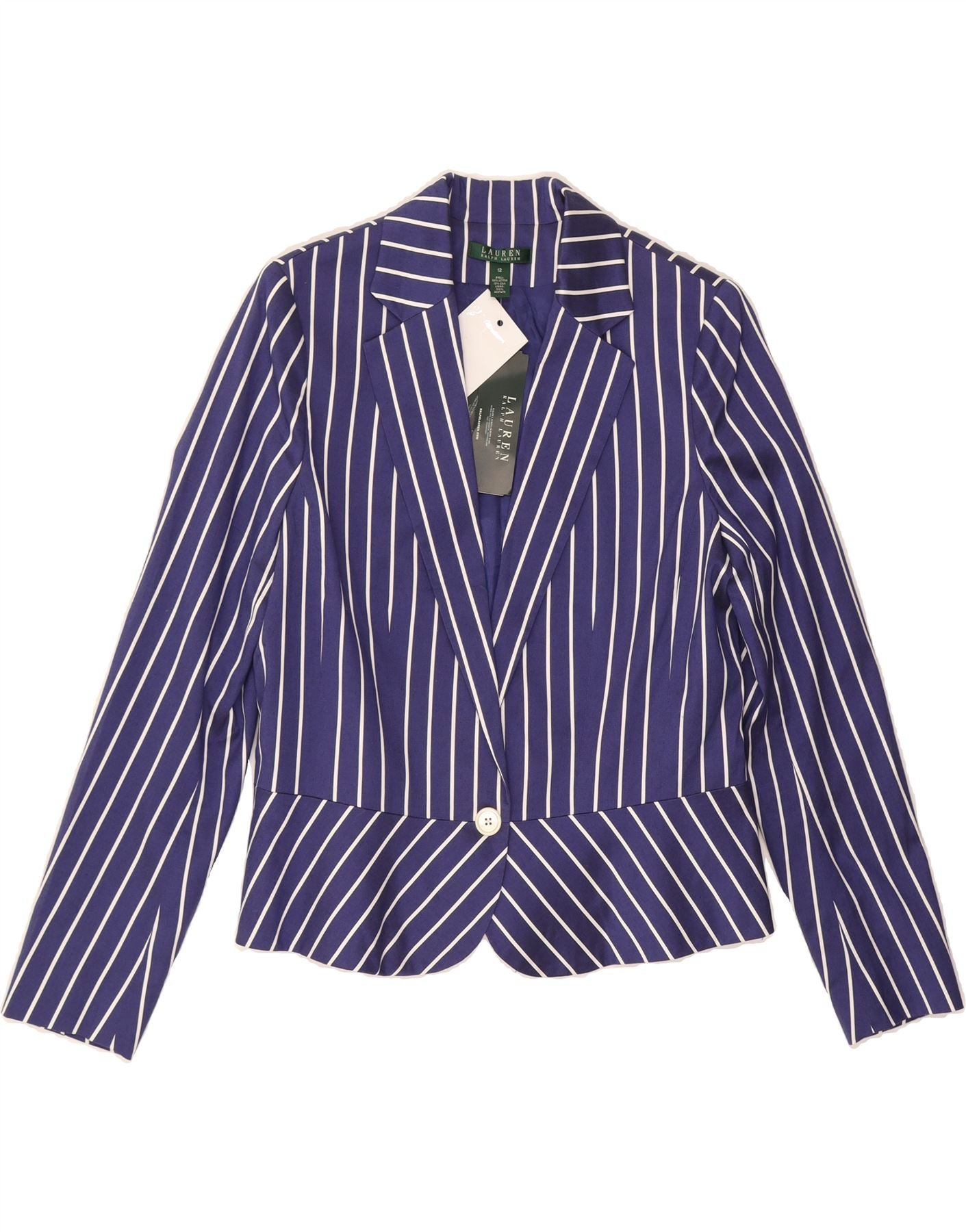 RALPH LAUREN Womens 1 Button Blazer Jacket US 12 Large Blue Striped Cotton Vintage Ralph Lauren and Second-Hand Ralph Lauren from Messina Hembry 