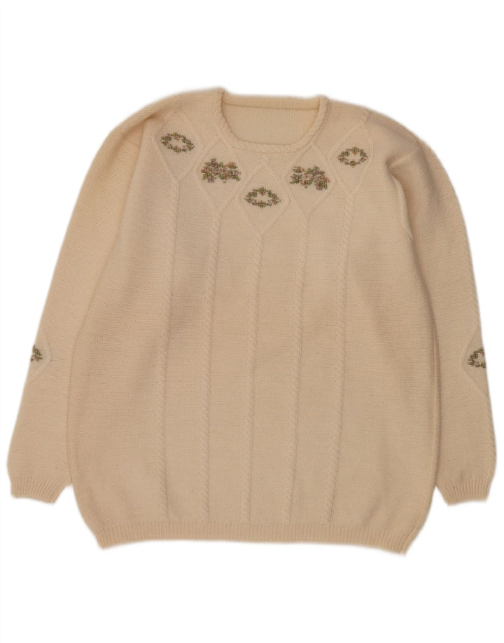 Sweter damski w stylu vintage z okrągłym dekoltem UK 16, duży w kolorze złamanej bieli