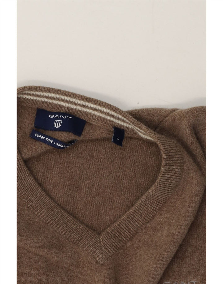 Męski sweter Gant z dekoltem w kształcie litery V, duży, brązowy, z owczej wełny